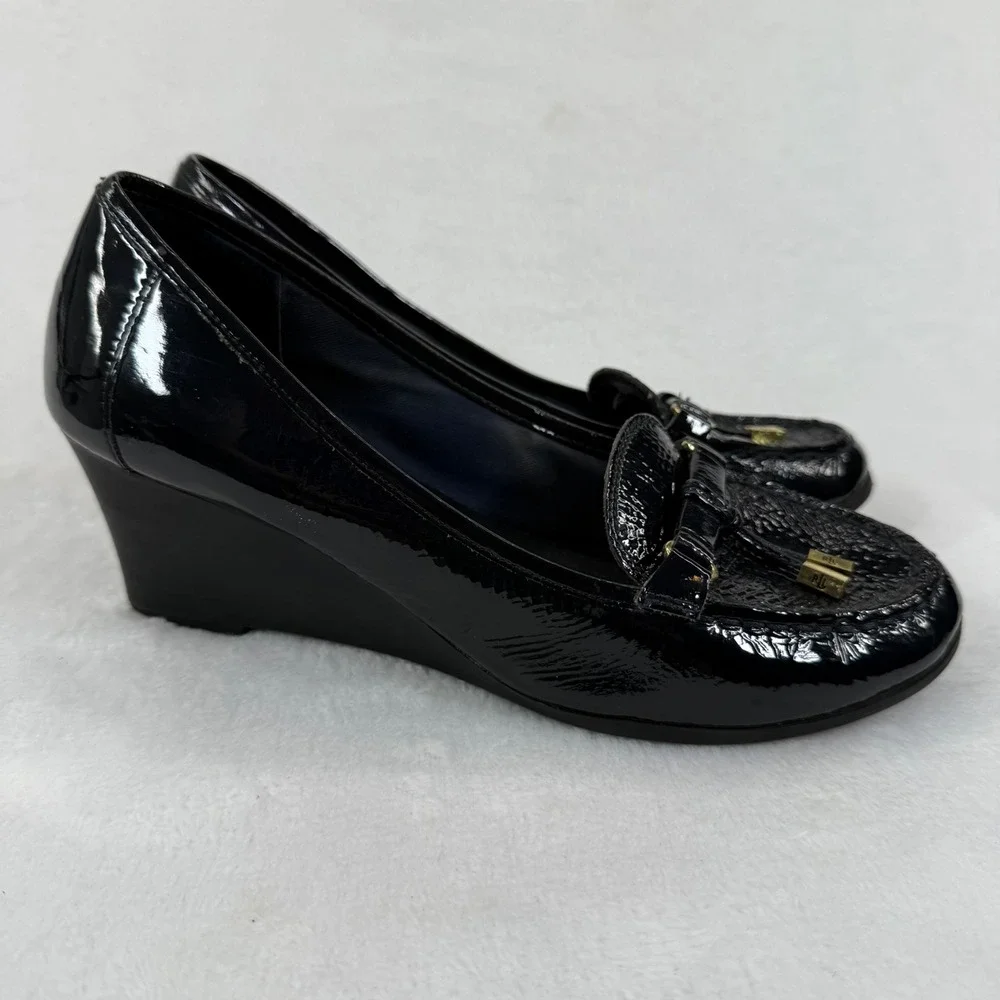Lauren Ralph Lauren‎ Black Patent Leather Wedge Loafers with Gold Accents 8 READ